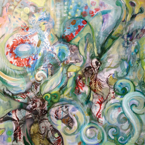Dancing in the Ecstasy of Our Arrival, acrylic on hardboard, 24”x24”.