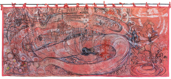 Beasts of Burden (part 2 of Red Pearl River), charcoal, acrylic, dye, cotton on repurposed cotton fabric, 72”x 182”. Photo by Doug Eng. 