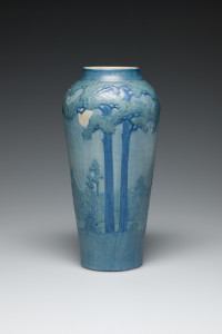 Vase, c. 1925. Moon and pine landscape design. Low relief carving, underglaze with matte glaze. Anna Frances Simpson, decorator; Joseph Meyer, potter. Haynie Family Collection. 