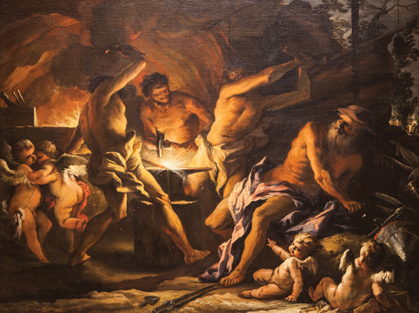 The Art: Alessandro Gherardini (Italian, 1655 – 1723), The Forge of Vulcan, c. 1688 – 1689, oil on canvas. Gift of Mr. and Mrs. Kendrick Guernsey. AG.1972.15.1. Alessandro Gherardini spent most of his career in Florence, completing commissions to decorate numerous churches and the interiors of well-known villas and palazzi. He traveled extensively and his paintings show the influence of the major artists working in the areas he visited. The Forge of Vulcan illustrates the god of fire and his Cyclops helpers as they create a breastplate for Aeneas.